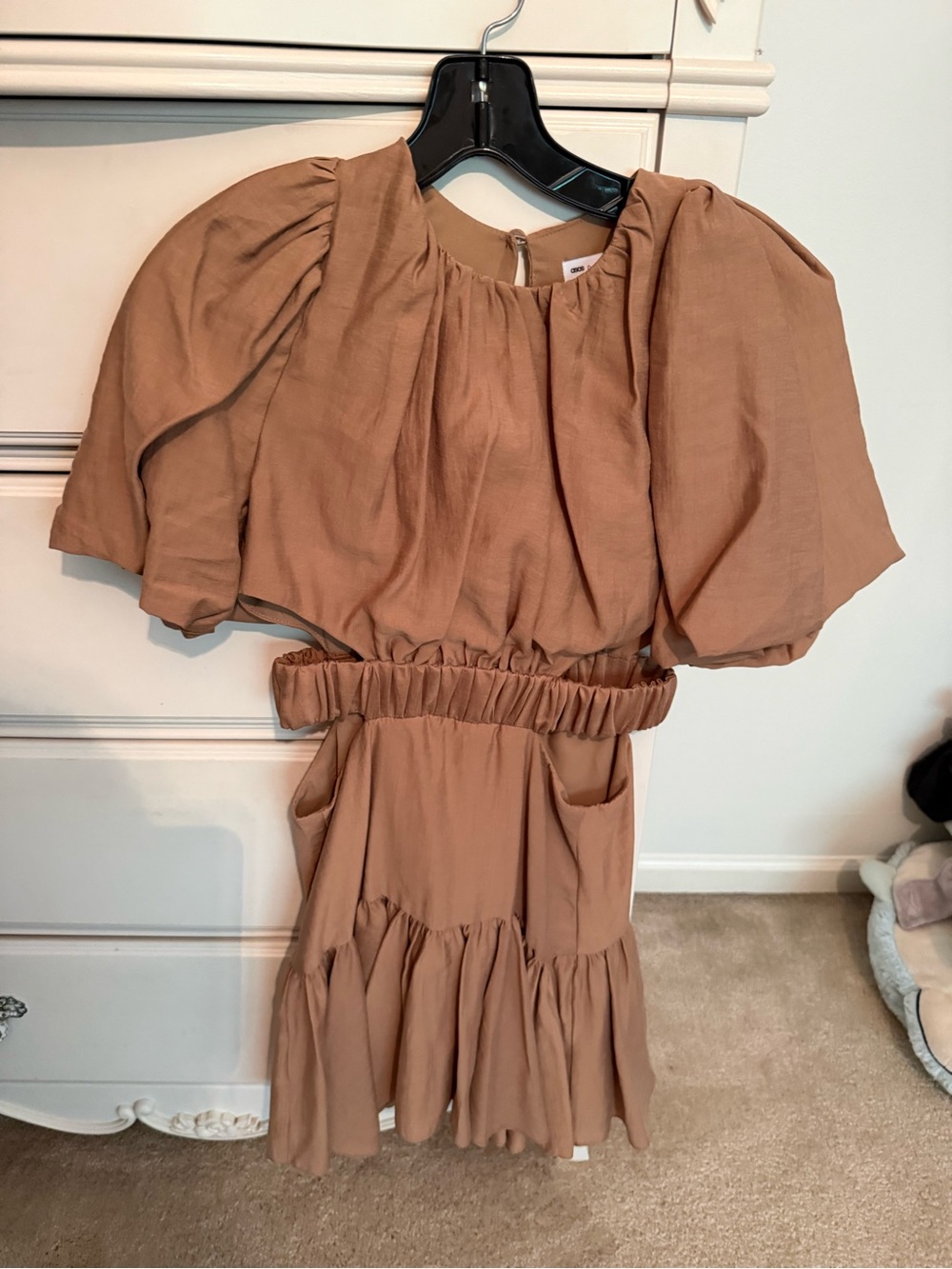 ASOS Brown Puff-Sleeve Mini Dress with Cutout Waist